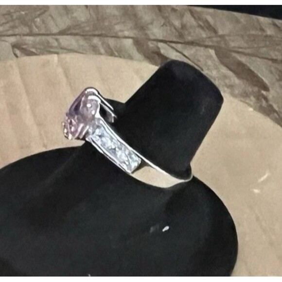 Pink and Clear Cubic Zirconia Silver Tone Solitaire Ring Sz 6 Marked GR - Picture 5 of 10